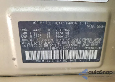 2010 Subaru Legacy 2.5I Premium из США, поврежденный, VIN 4S3BMCH68A3212541